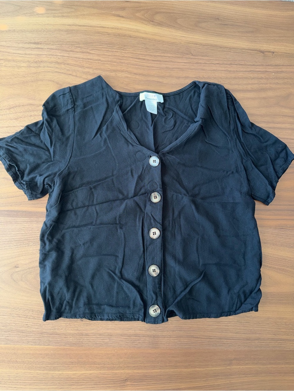 Black Button-Front Short Sleeve Top